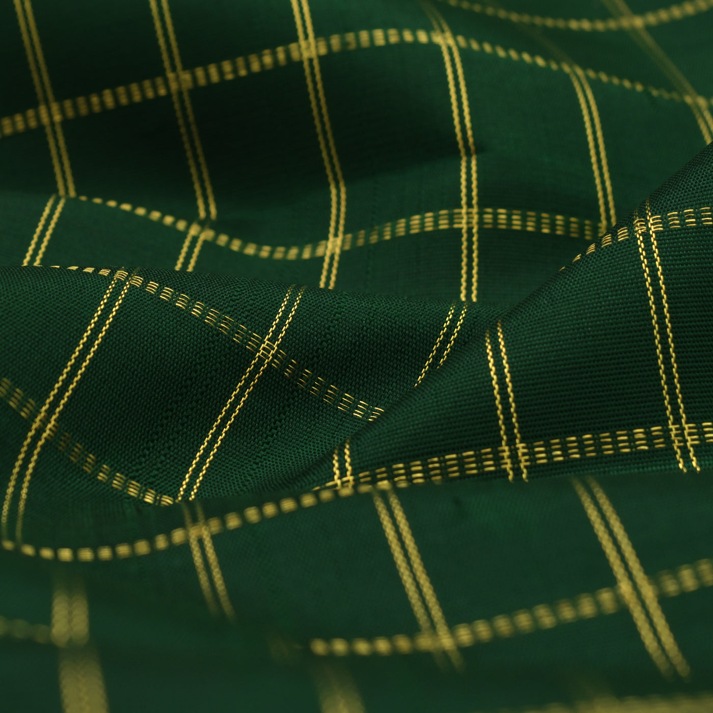 Dark Green Kanchi Silk Fabric with Muthu Zari Checks Design