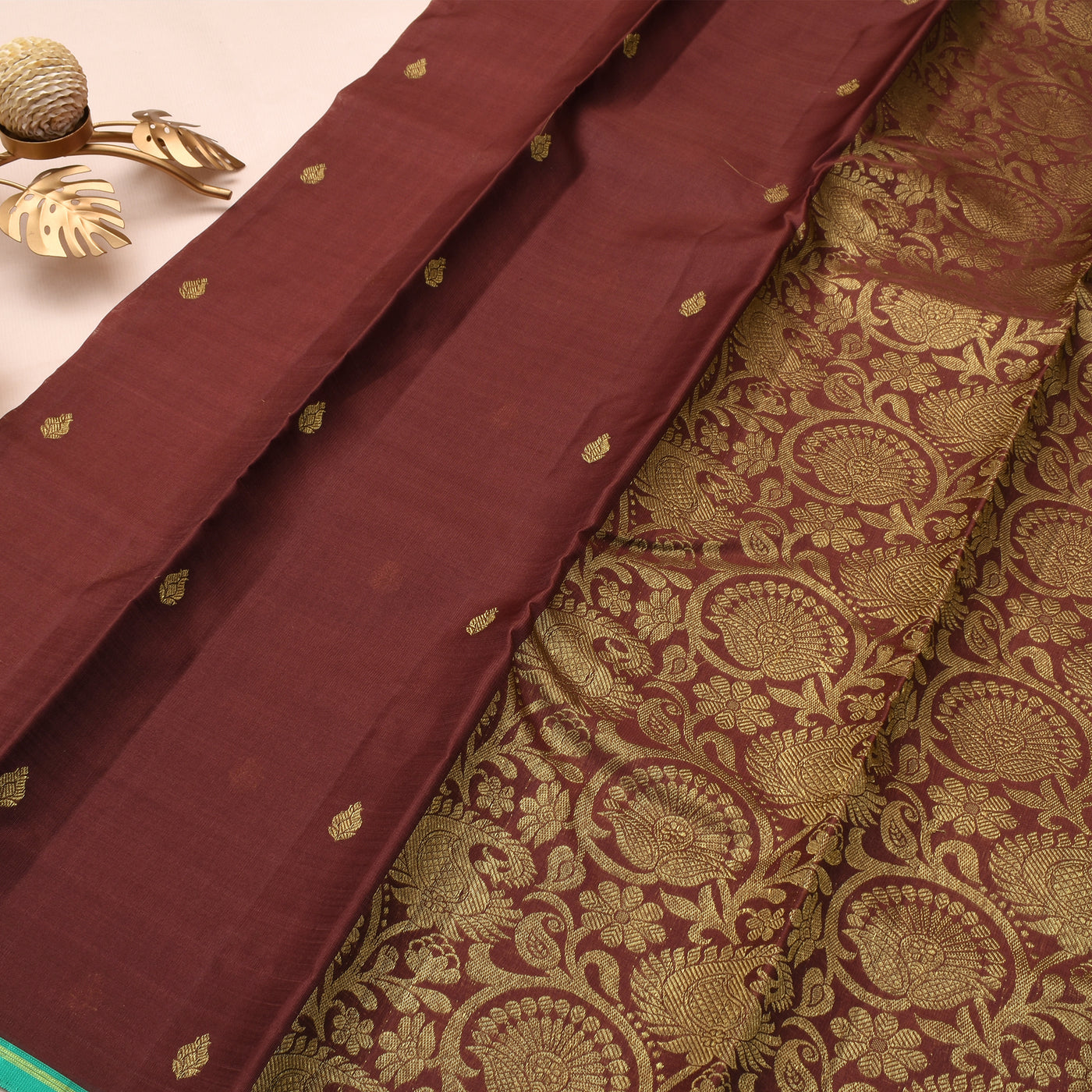 brown-kanchi-silk-saree-with-turquoise-blue-blouse