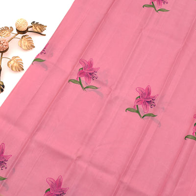 Onion Pink Hand Painted Kanchi Silk Saree with Floral Painted Design
