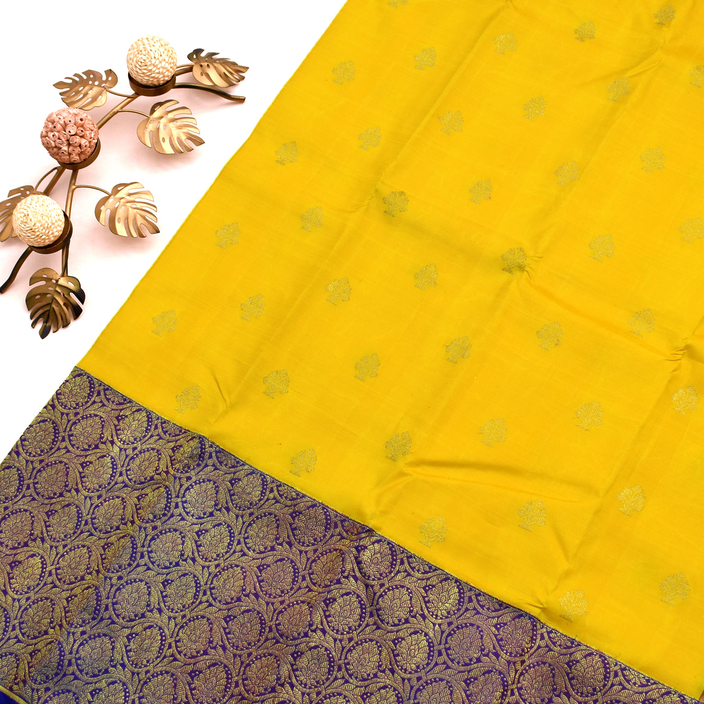 Mustard Kanchipuram Silk Saree with Flower Butta Design