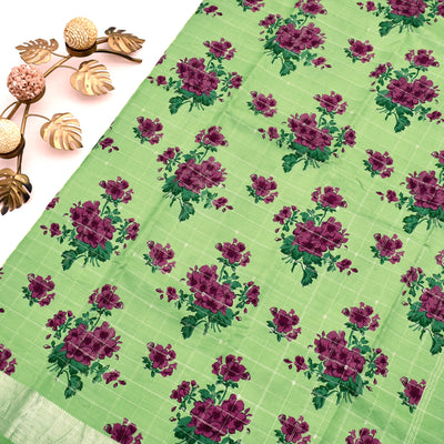 Apple Green Printed Kanchipuram Silk Saree with Floral Printed Design