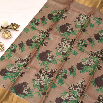 Tussar Printed Saree  with brown floral design