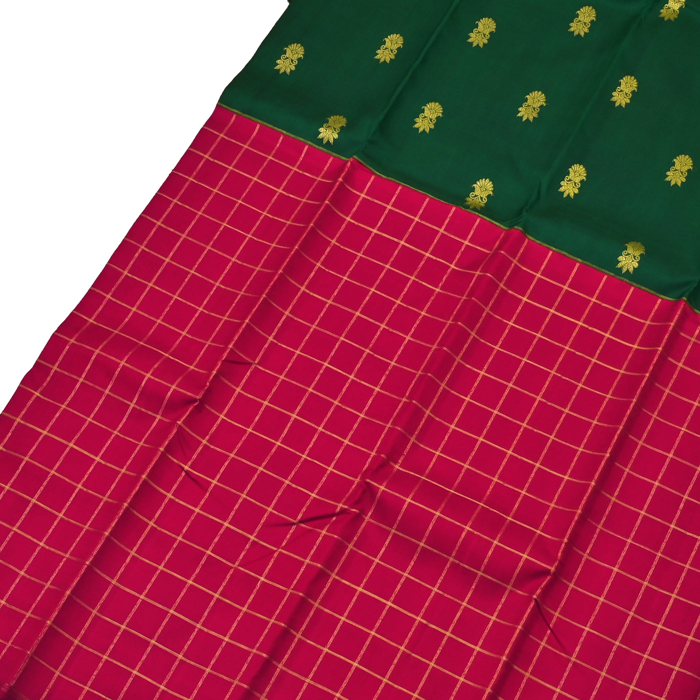 Red and Green Kanchipuram Silk Saree with Kattam and Zari Butta Design
