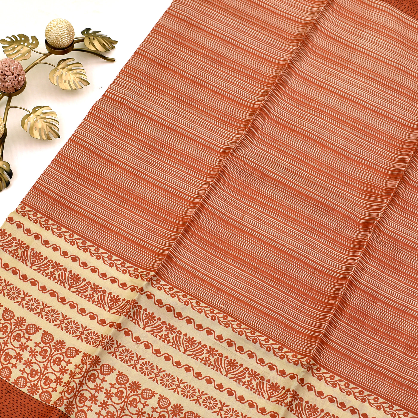 Rust Tussar Silk Saree with stripes design