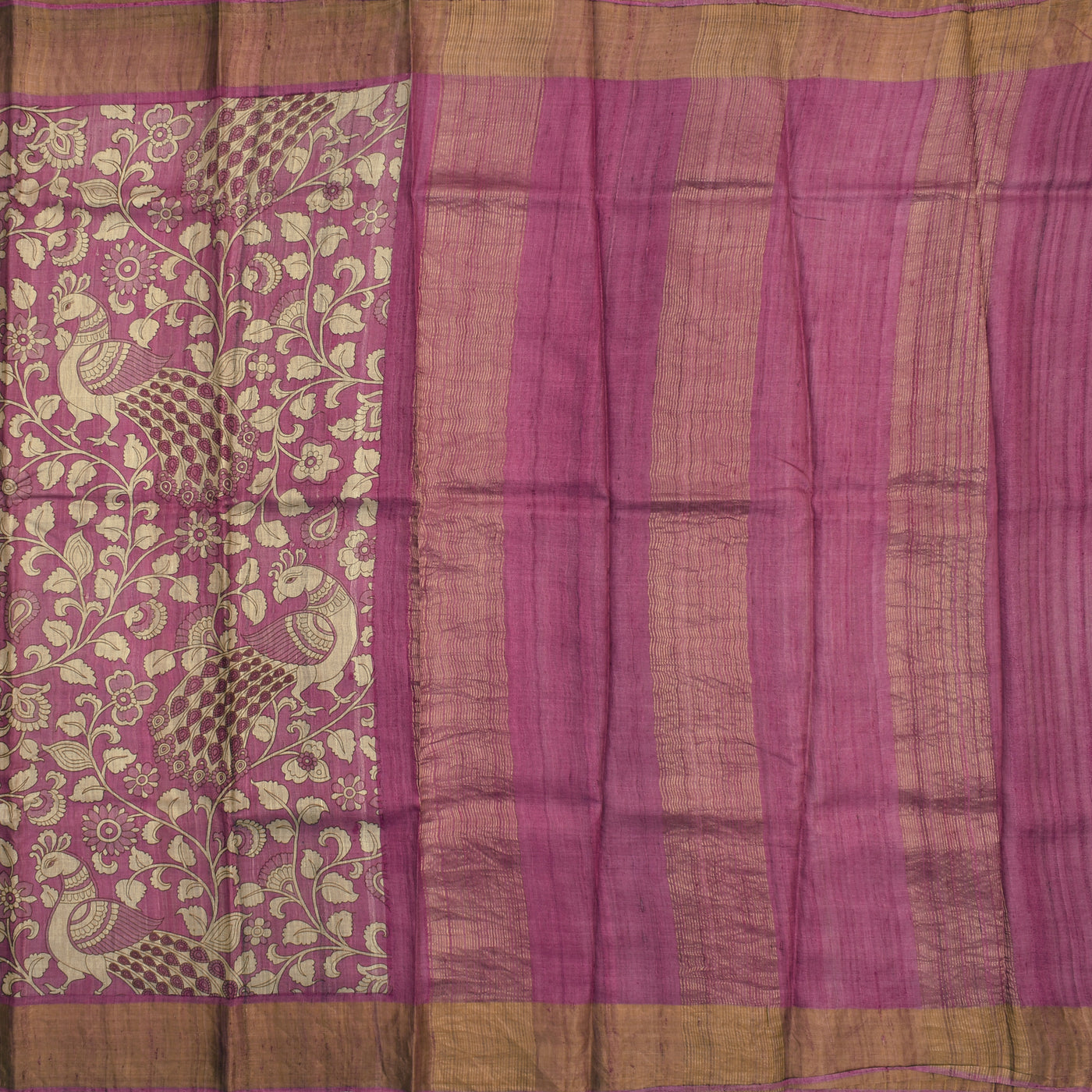 Pink Tussar Silk Saree with Kalamkari Print Design