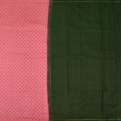Baby Pink Printed Kanchipuram Silk Saree with Dark Green Small Zari Checks Pallu