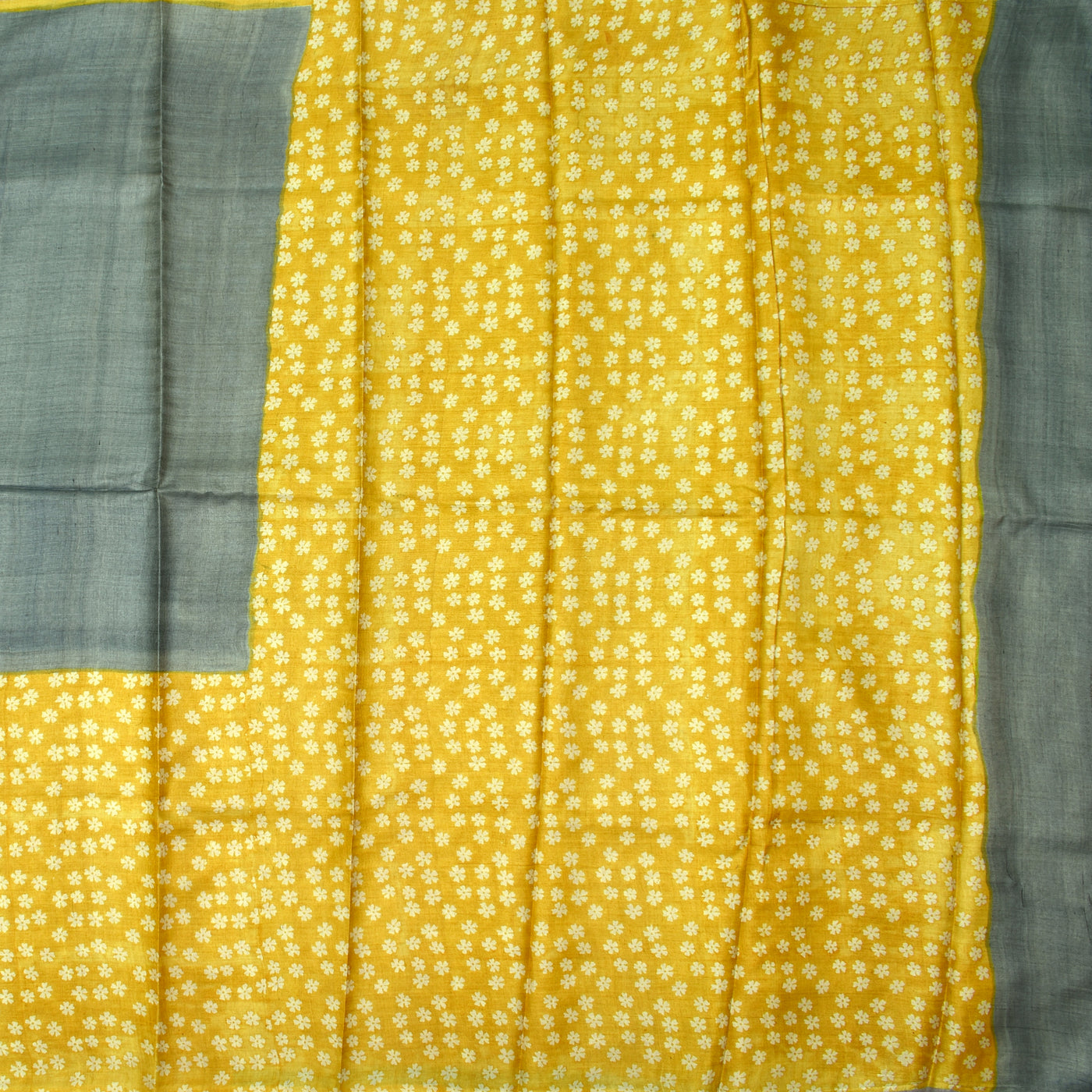Grey Tussar Printed Saree with yellow flower printed pallu