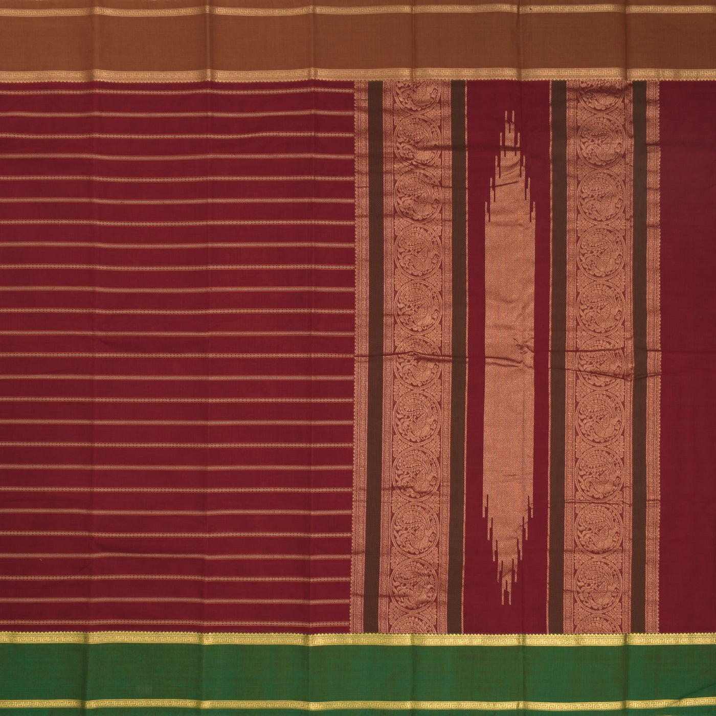 Red Kanchi Cotton Saree with Horizontal Stripes Design