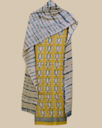 Mustard Tussar Silk Salwar with Off White Shibori Print Dupatta