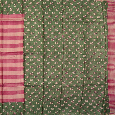 Onion Pink Tussar Silk Saree with Olive Green Floral Printed Pallu