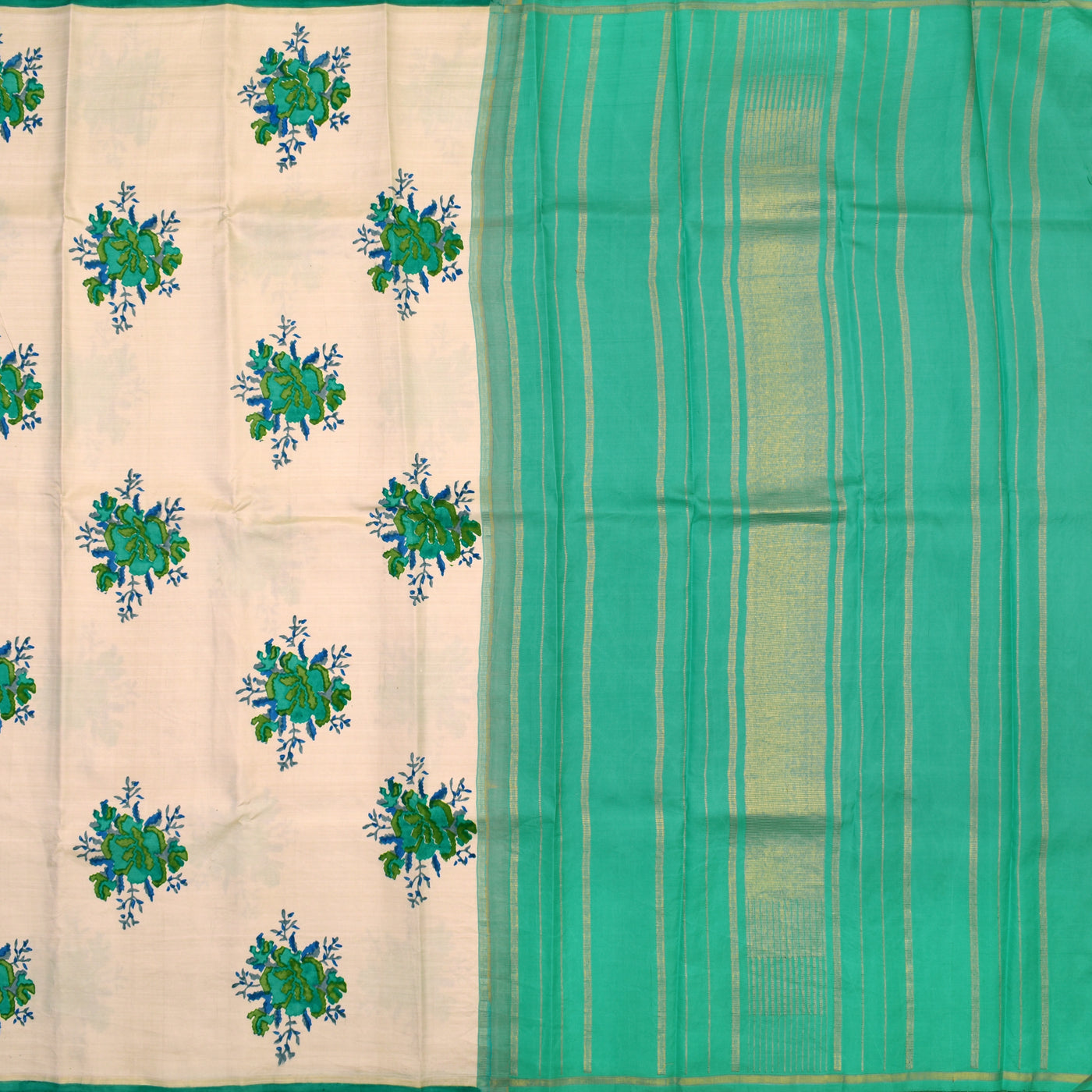 Off White Printed Kanchipuram Silk Saree with Big Floral Printed Design