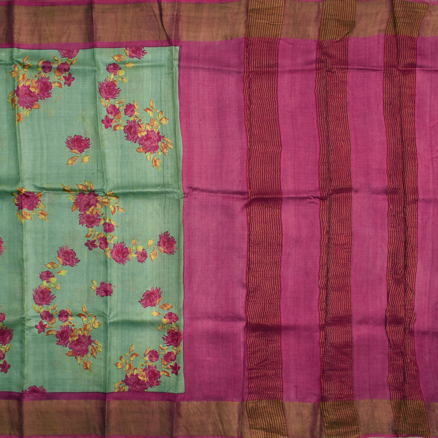 Mint Green Tussar Silk Saree with Floral Printed Design