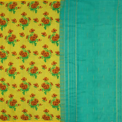 Mustard Printed Kanchipuram Silk Saree with Floral Printed Design