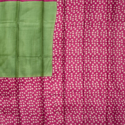 Apple Green Tussar Printed Saree with maroon floral printed pallu