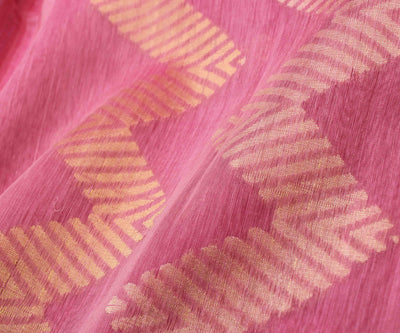 Pink  Linen Tussar  Saree With Gold Zigzag  Zari Pallu and Floarl  Zari Butta Blouse (4556210602097)