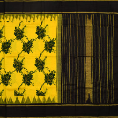 Yellow Printed Kanchipuram Silk Saree with Floral Printed Design