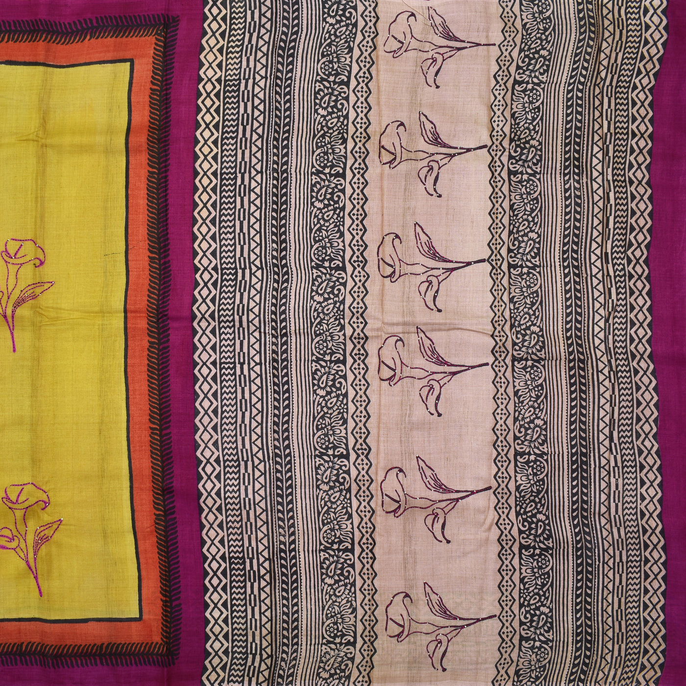 Mustard Tussar Silk Saree with off white kantha work pallu