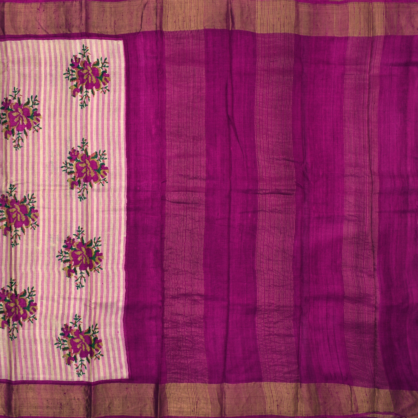 Off White Tussar Silk Saree with Stripes and Floral Printed Design