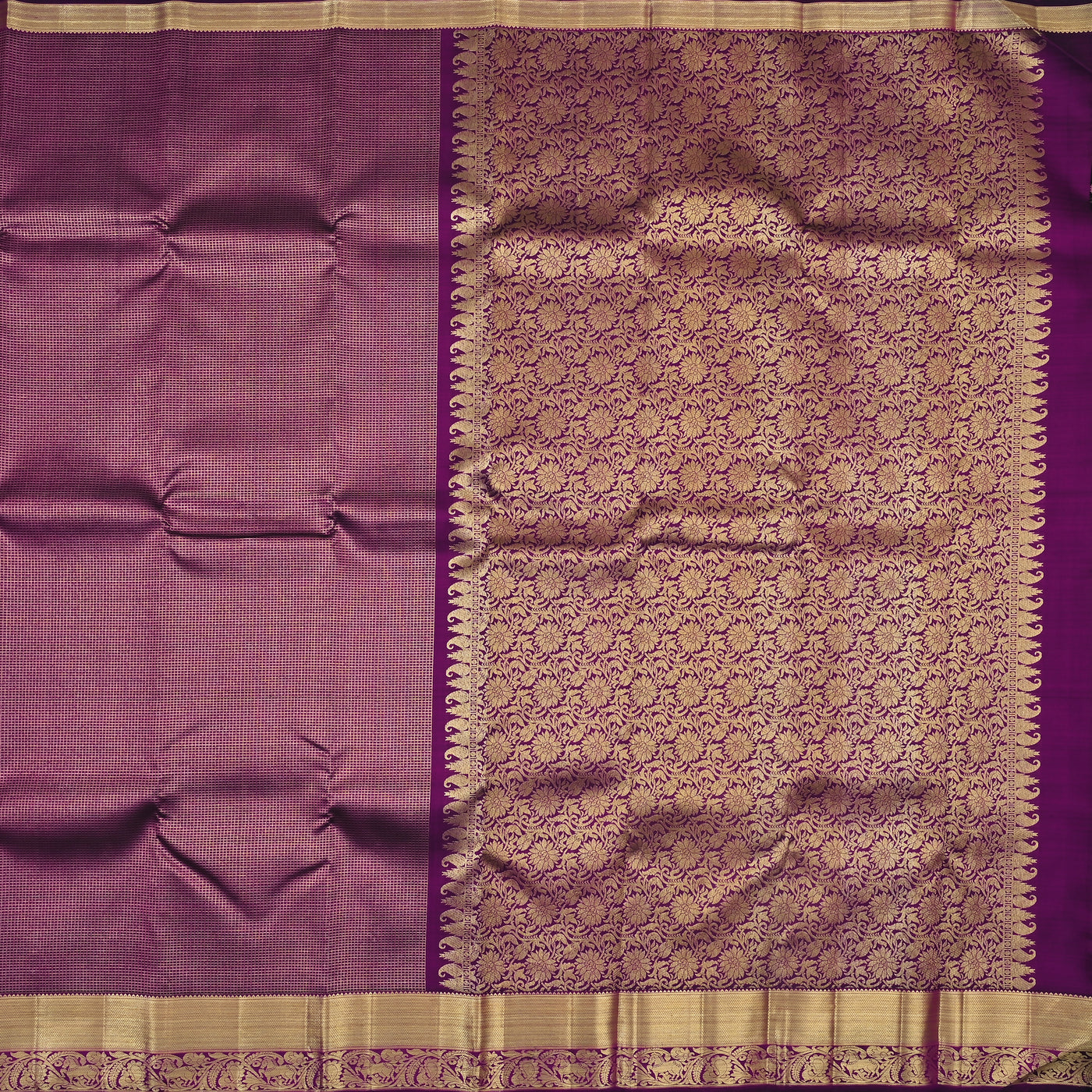 Magenta Kanchipuram Silk Saree with Zari Checks Design