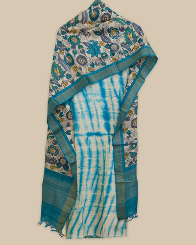 Blue Tussar Silk Salwar with Off White Kalamkari Print Dupatta
