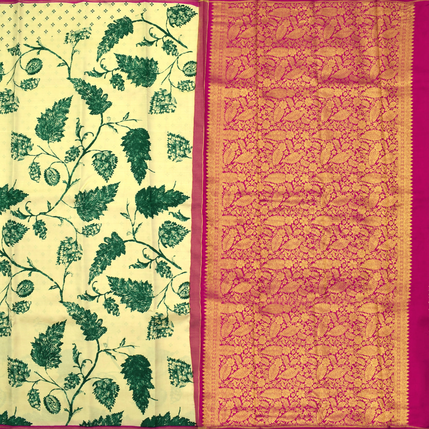 Off White Printed Kanchipuram Silk Saree with Rani Thakkali Leaf Design Pallu