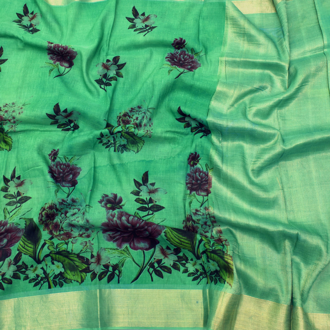 turquoise-green-printed-linen-saree