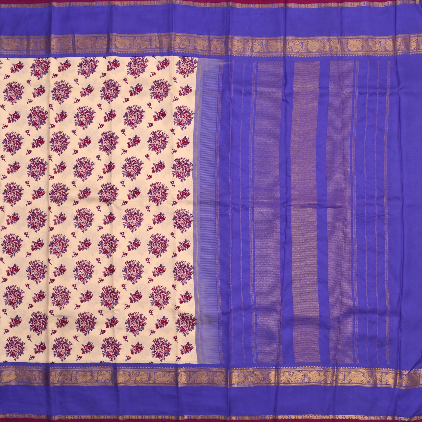 Off White Printed Kanchipuram Silk Saree with Blue Seer Pallu Design