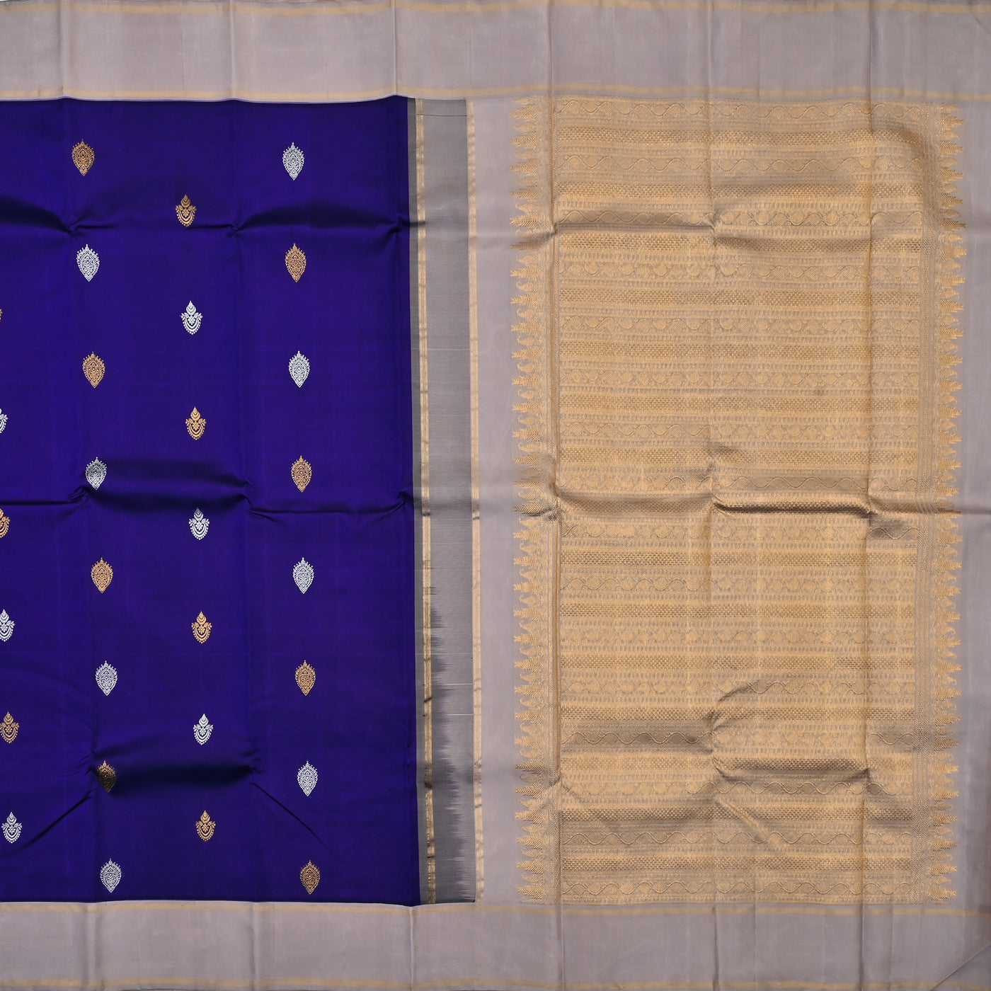 MS Blue Kanchipuram Silk Saree with Gold and Silver Zari Butta Design