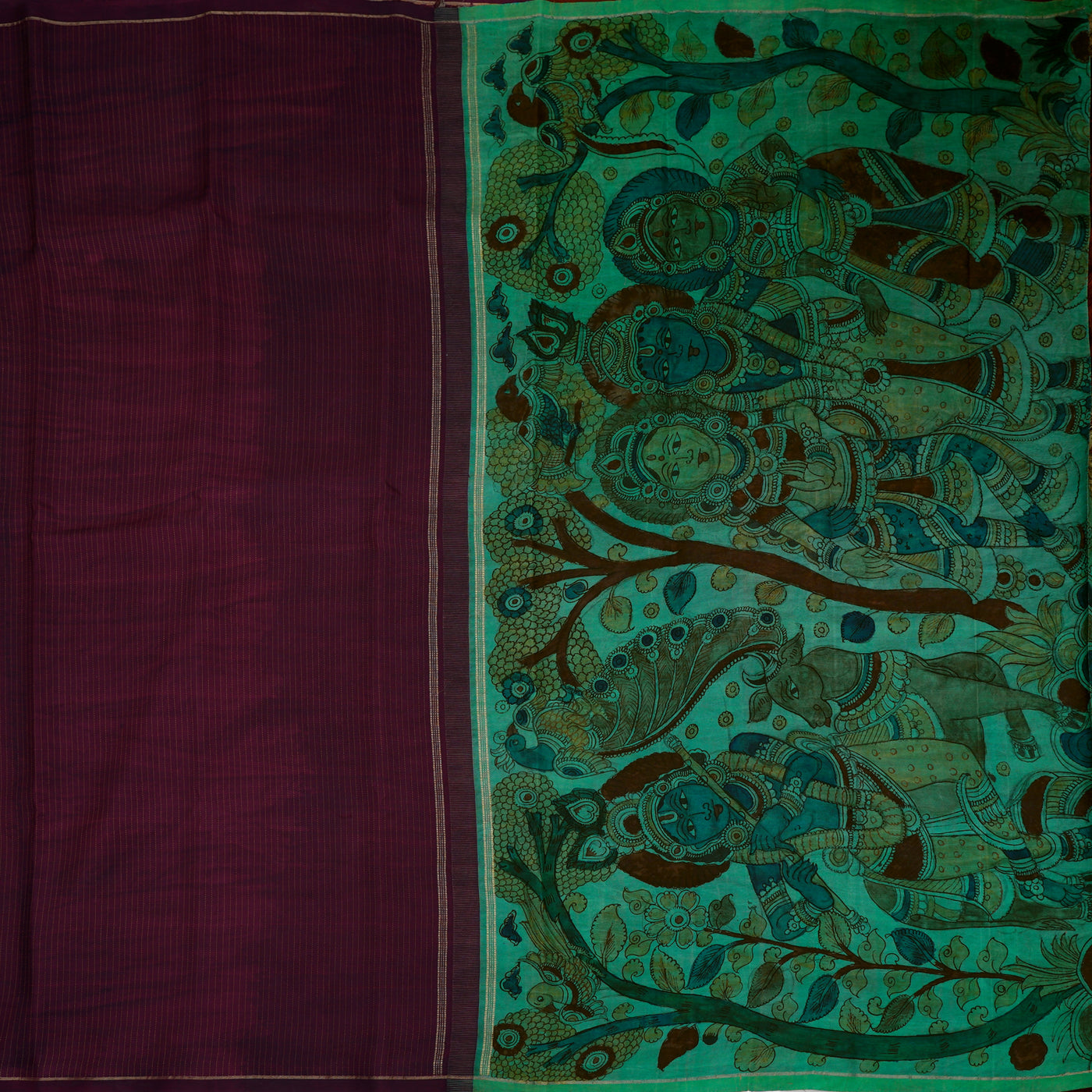 V Pakku Pen Kalamkari Silk Saree with Muthu Seer Lines Design