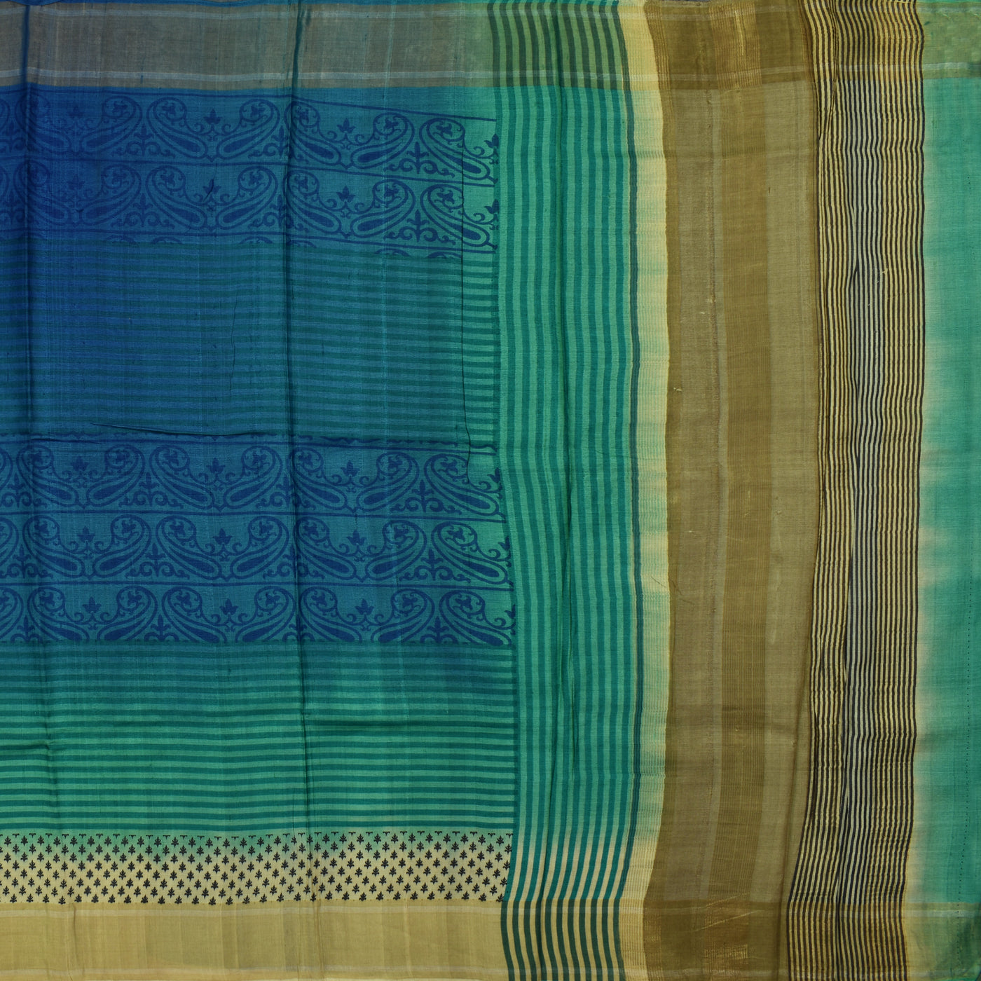 MS Blue Tussar Silk Saree with Green Zari Lines Pallu