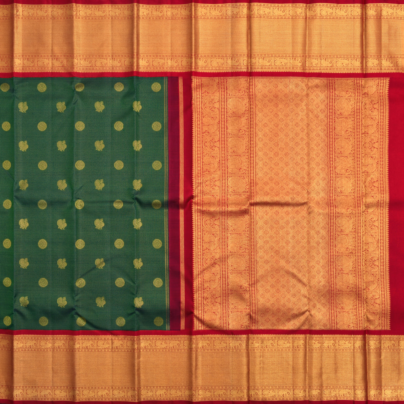 Peacock Green Kanchipuram Silk Saree with Vairaoosi Checks Design
