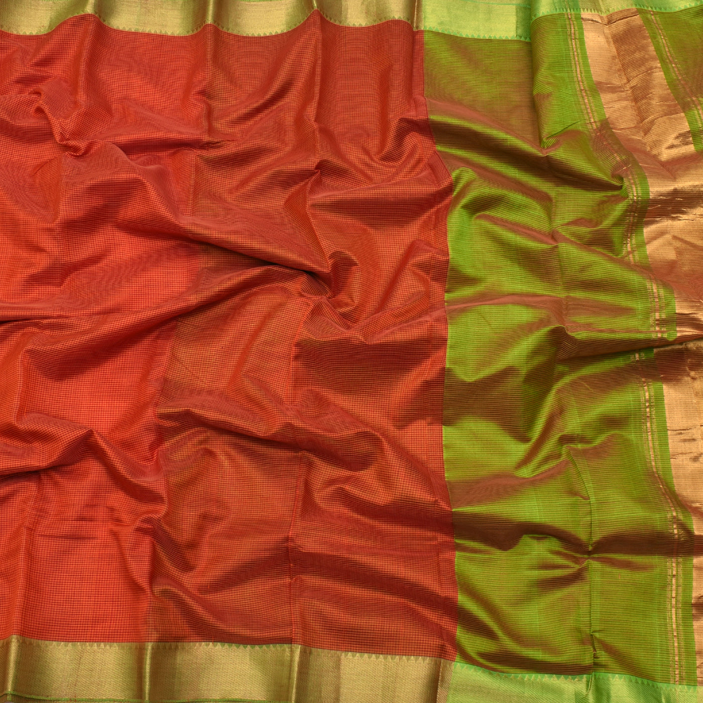 red-with-orange-checked-mangalgiri-saree-with-green-blouse