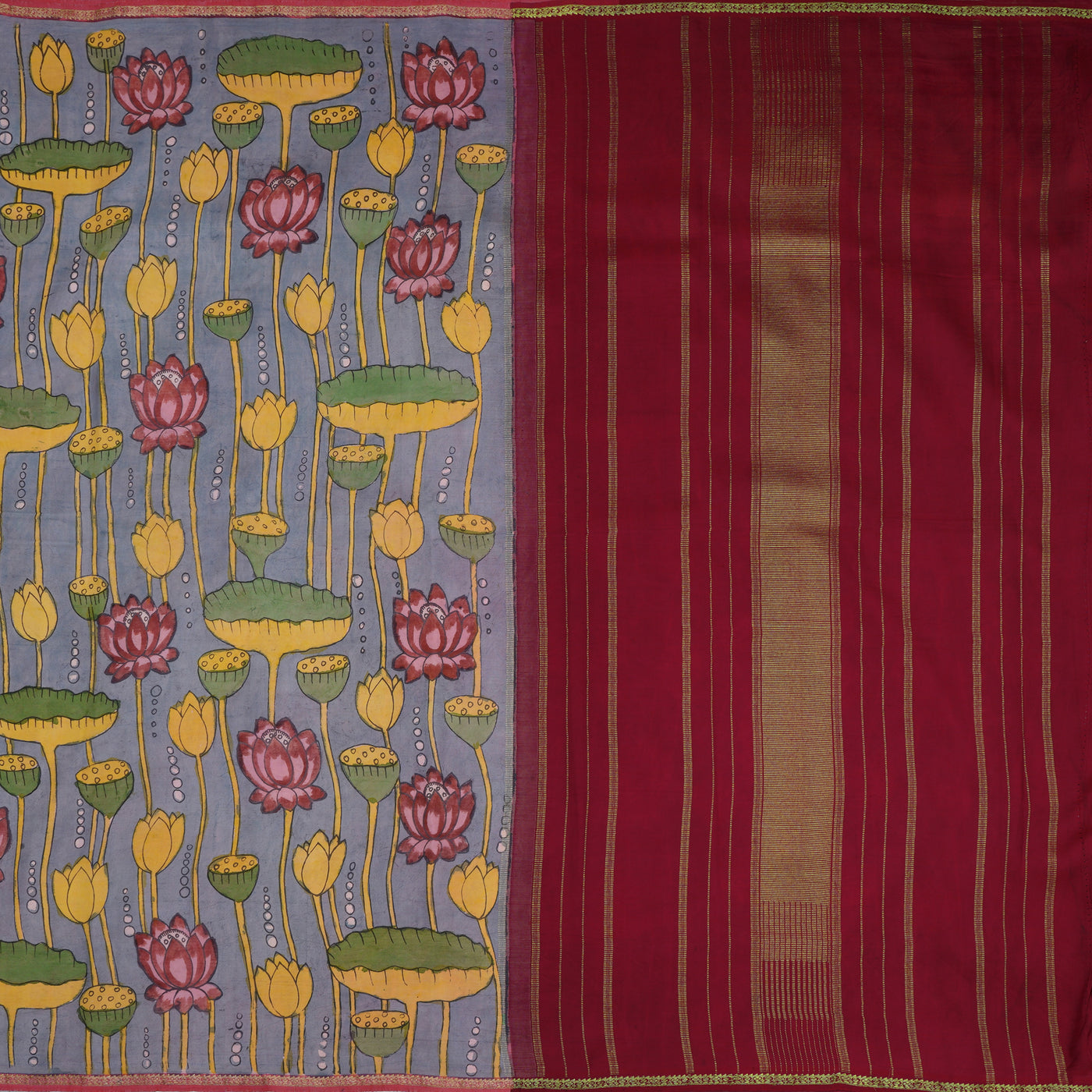 Grey Pen Kalamkari Silk Saree with Lotus Design