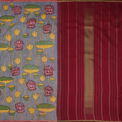 Grey Pen Kalamkari Silk Saree with Lotus Design