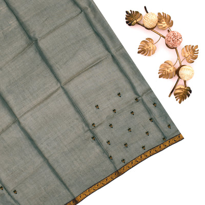 Grey Printed Tussar Silk Saree with Embroidery Pallu