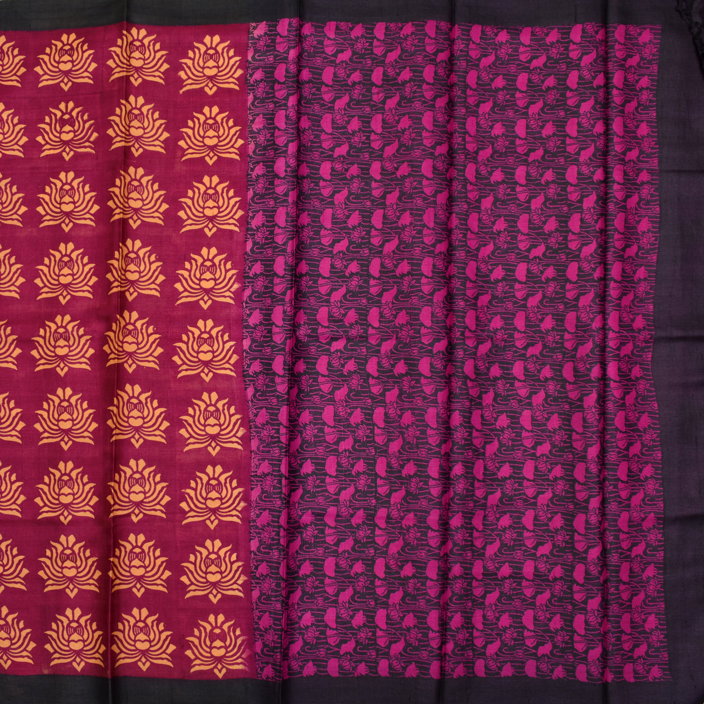 Reddish Pink Tussar Silk Saree with small lotus printed design Pallu