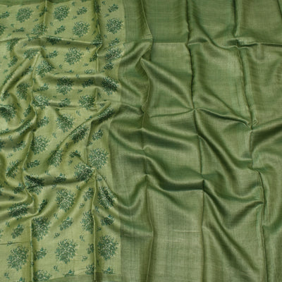 Apple Green Tussar Printed Saree with zari lines pallu