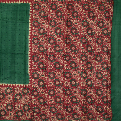 Green Tussar Silk Saree with maroon kantha work pallu