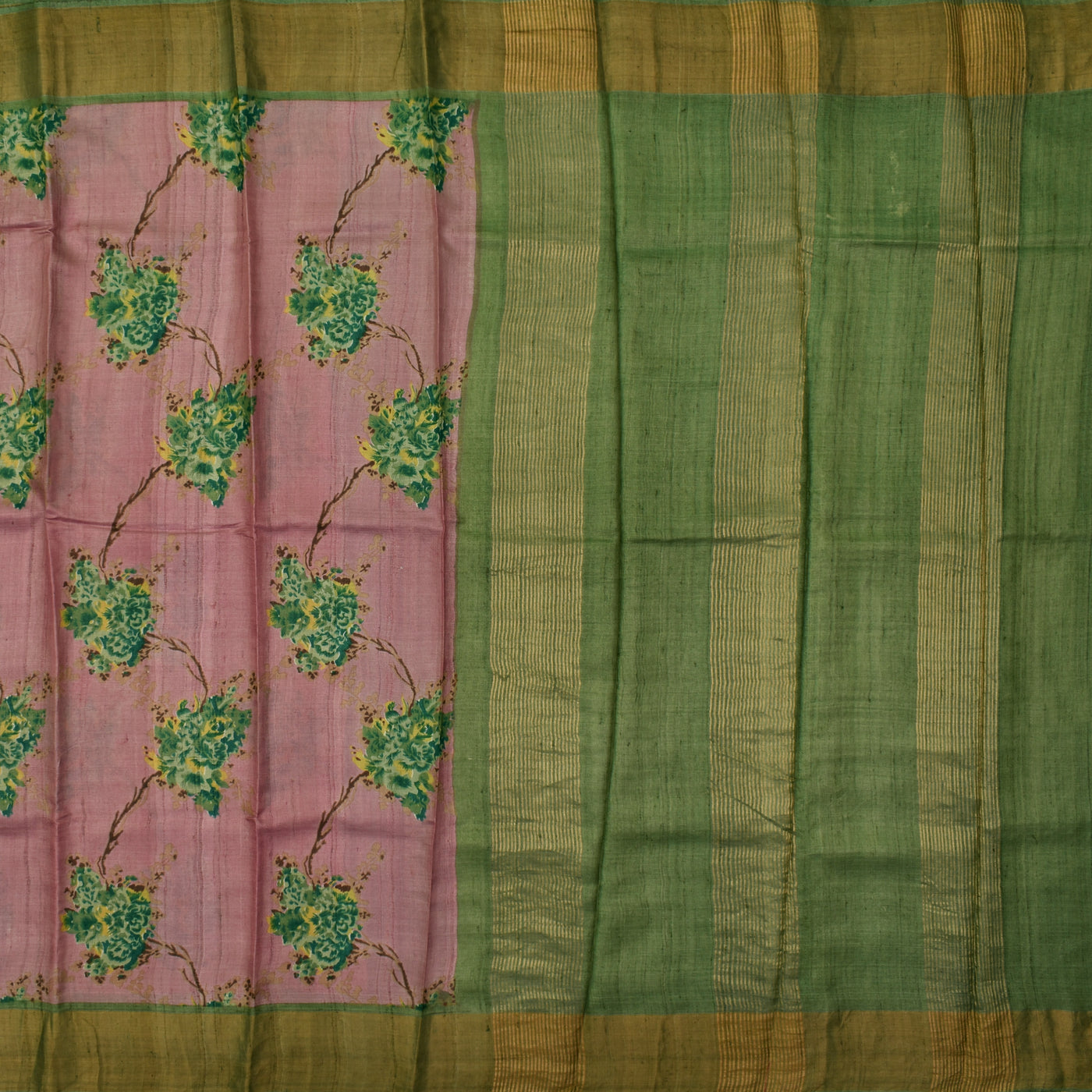 Onion Pink Tussar Silk Saree with Olive Green Zari Lines Pallu