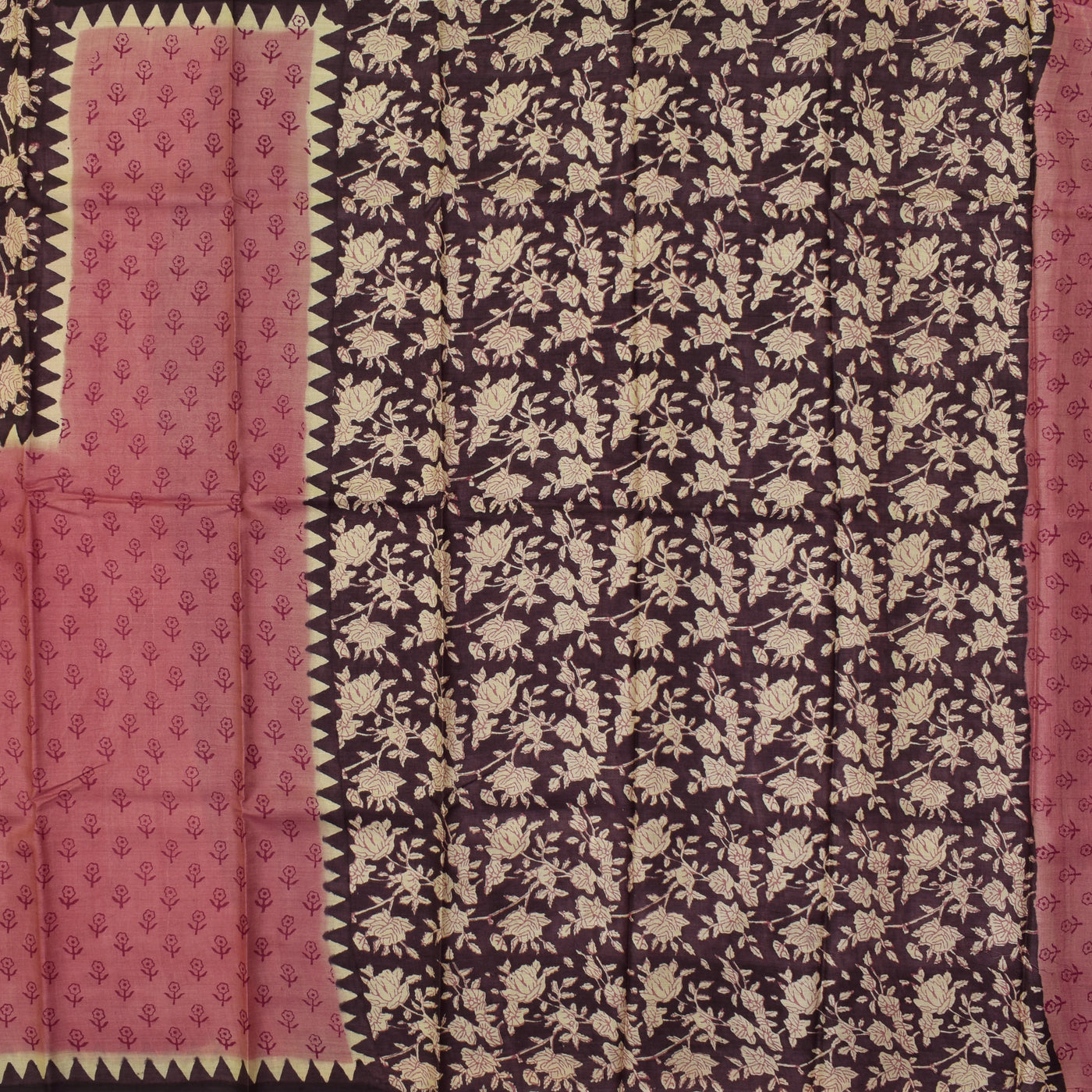 pink tussar saree with floral design pallu