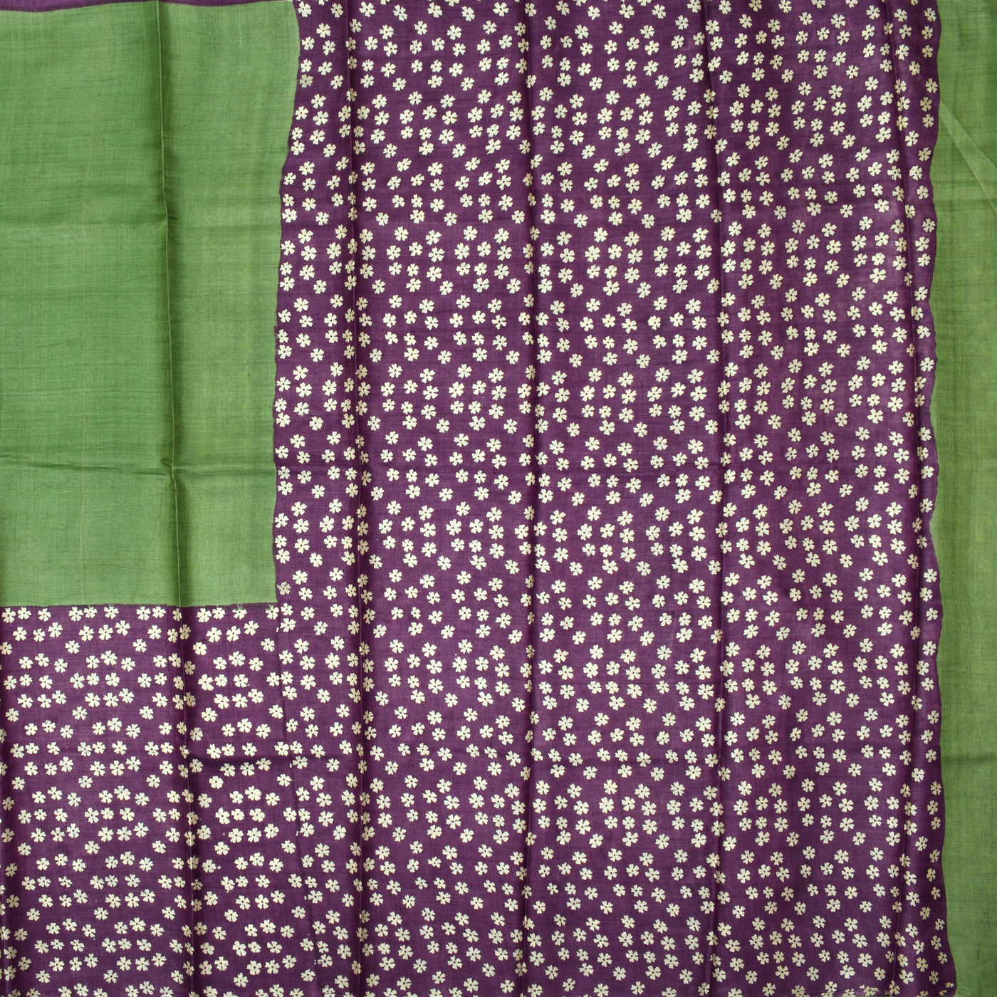 Apple Green Tussar Printed Saree with violet flower printed pallu
