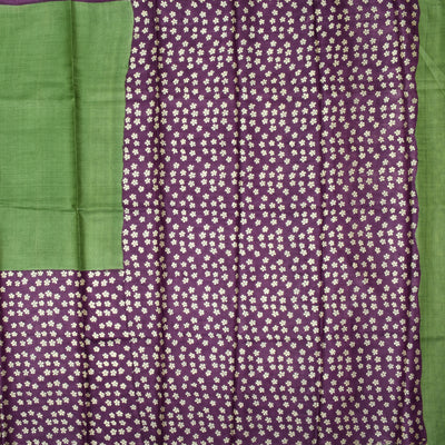 Apple Green Tussar Printed Saree with violet flower printed pallu