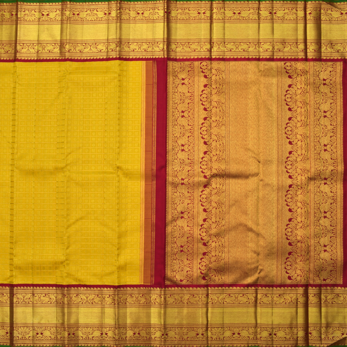 Mustard Kanchipuram Silk Saree with Red Getti Self Pallu