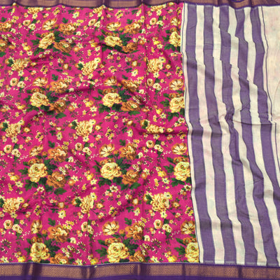 Rani Pink Floral Printed Mangalagiri Cotton Saree