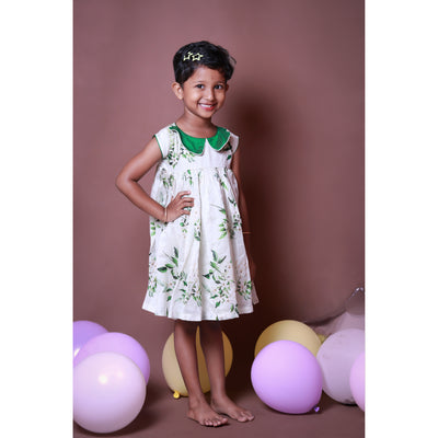 Swara - White with Green Leaf Printed Maheshwari Frock