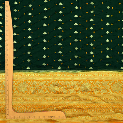 Dark Green Bandhani Silk Fabric with Small Zari Butta Design