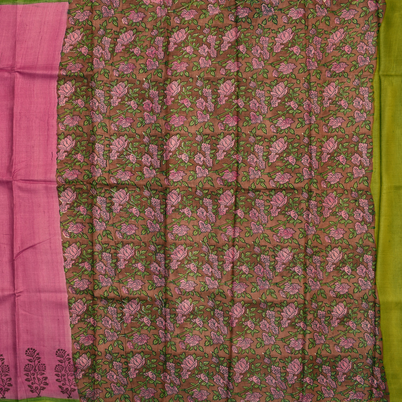 Onion Pink Tussar Silk Saree with Leaf Printed Pallu