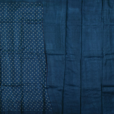 Navy Blue Tussar Printed Saree with plain pallu