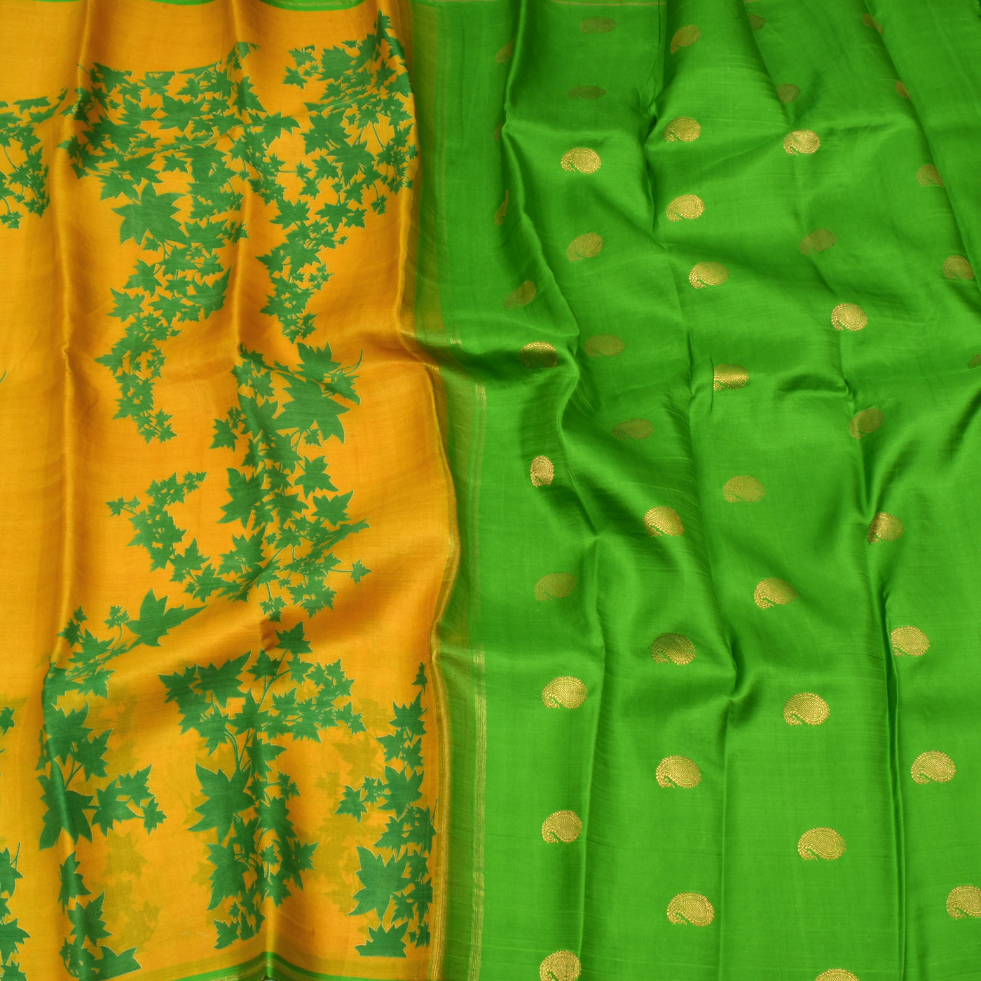 Mustard Printed Organza Kanchi Silk Saree with Green Blouse