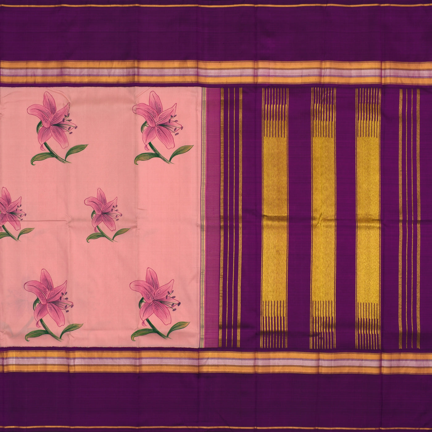 Baby Pink Hand Painted Kanchi Silk Saree with Floral Painted Design